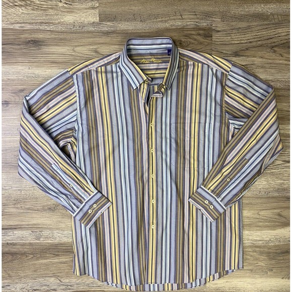 Alan Flusser Button Down Men's Size Large Striped Dress Shirt‎ Blue Yellow - Picture 4 of 9